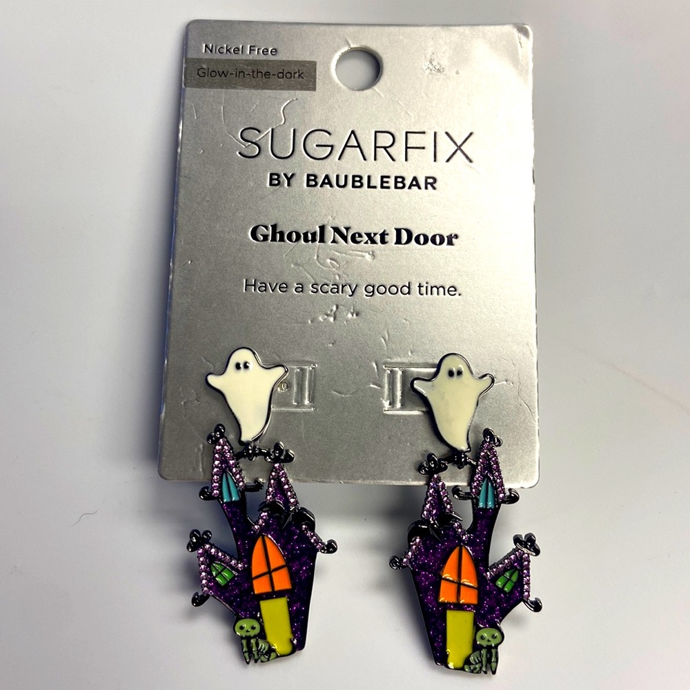 NEW BaubleBar Halloween Ghost Haunted House 3D earrings Glow in the Dark fall